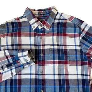 Eddie Bauer Flannel Shirt Men L Blue Red Plaid Button Down Slim Fit Heavyweight